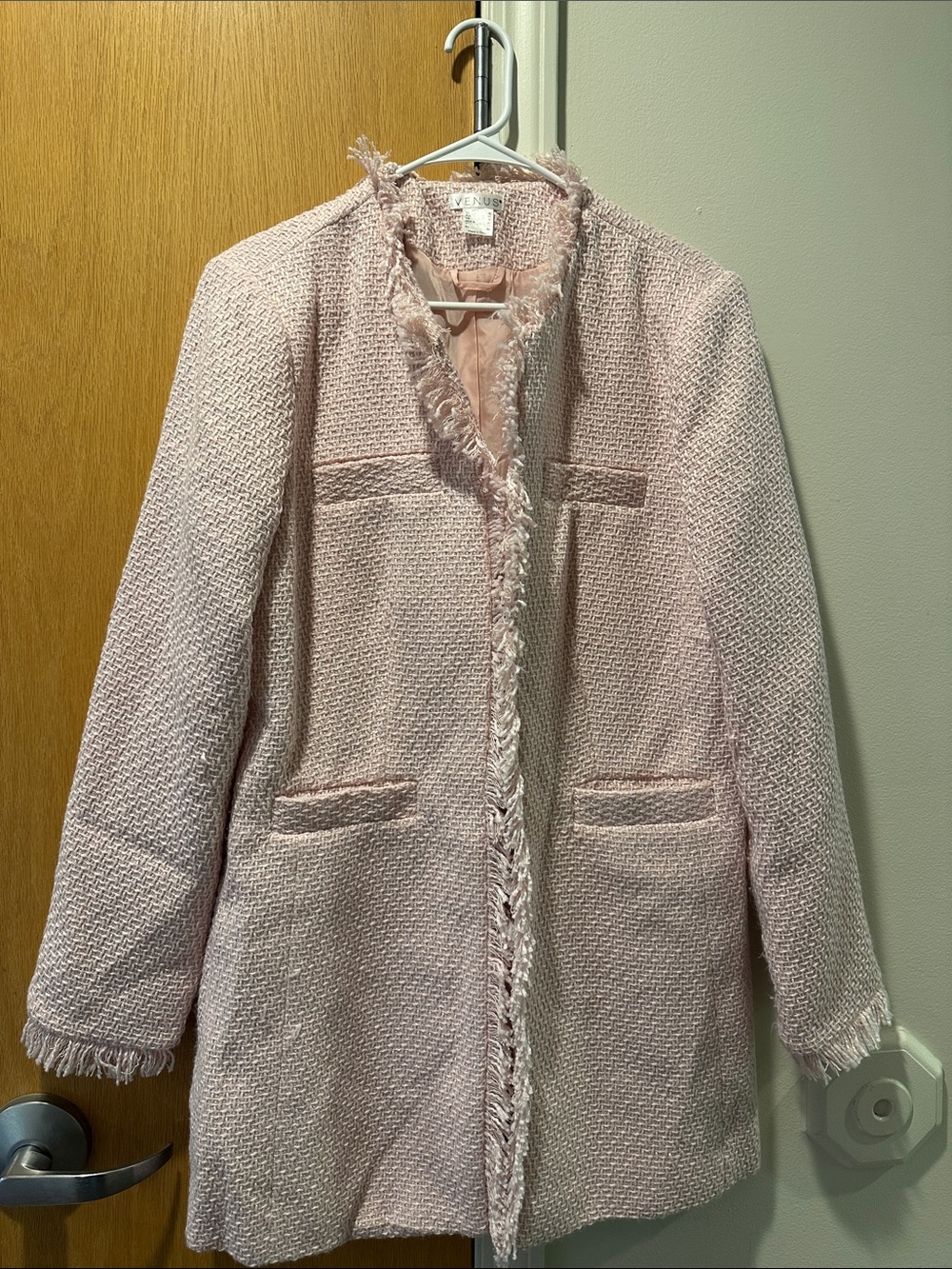 VENUS Blush Pink Tweed Fringe Open-Front Jacket